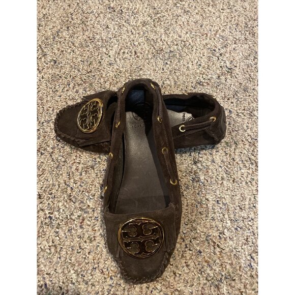 Tory Burch Womens Slip On Fringe Logo Suede Loafers Moccasins Size 7 1/2M - Picture 3 of 6